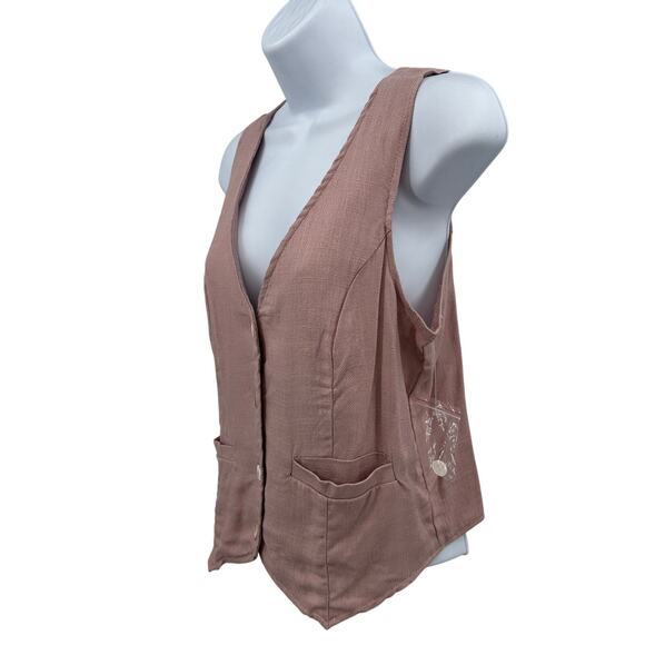 Rachel Paige V-Neck Vest WMNS XS Dusty Rose Linen Blend Button Up Front Pockets - Picture 3 of 6